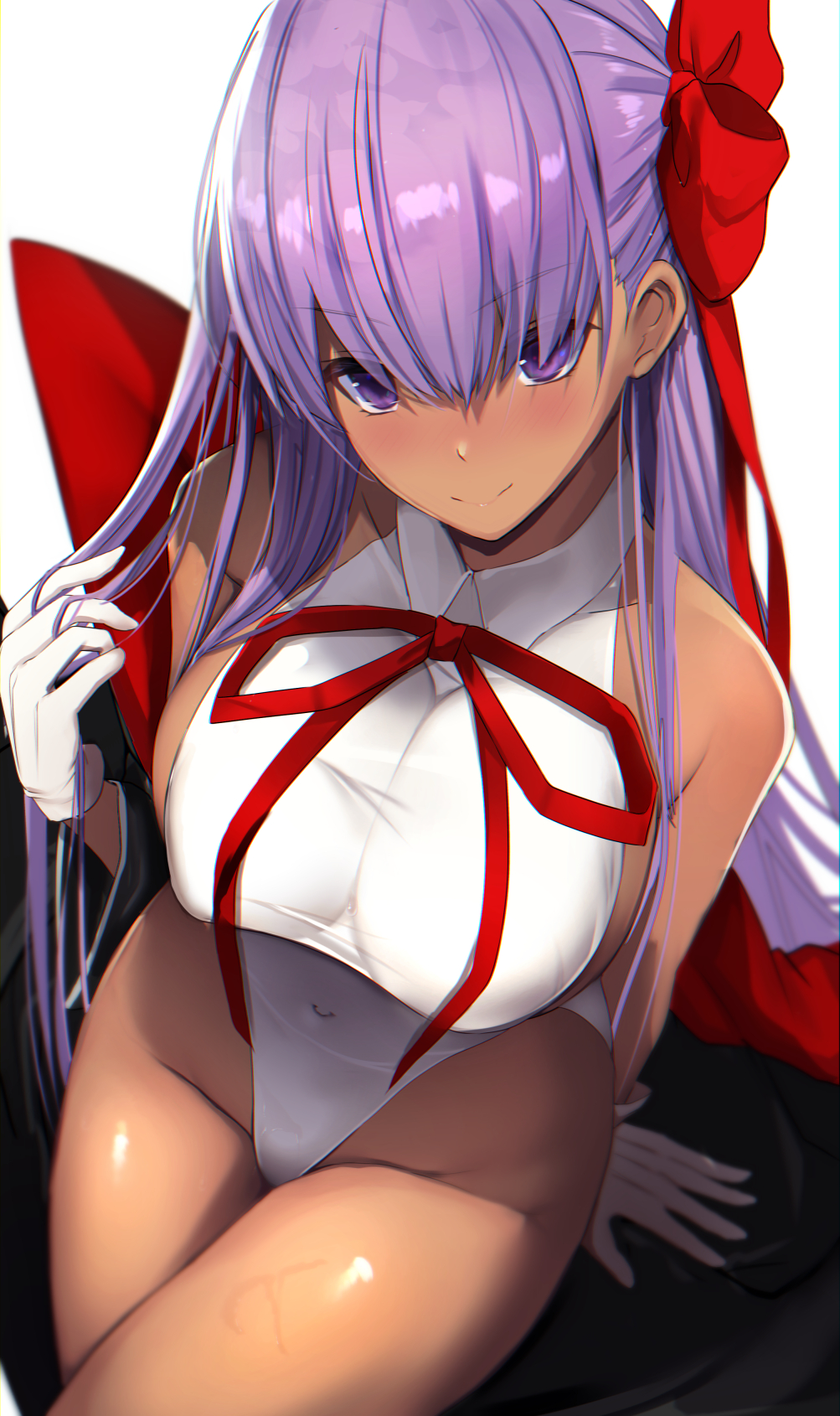 1girl bangs bare_shoulders bb_(fate)_(all) bb_(swimsuit_mooncancer)_(fate) black_coat blush breasts coat covered_navel dark_skin dark-skinned_female fate/grand_order fate_(series) gloves hair_ribbon highleg highleg_leotard highres large_breasts leotard long_hair looking_at_viewer neck_ribbon open_clothes open_coat popped_collar purple_hair red_ribbon ribbon smile tan thighs untue very_long_hair violet_eyes white_gloves white_leotard