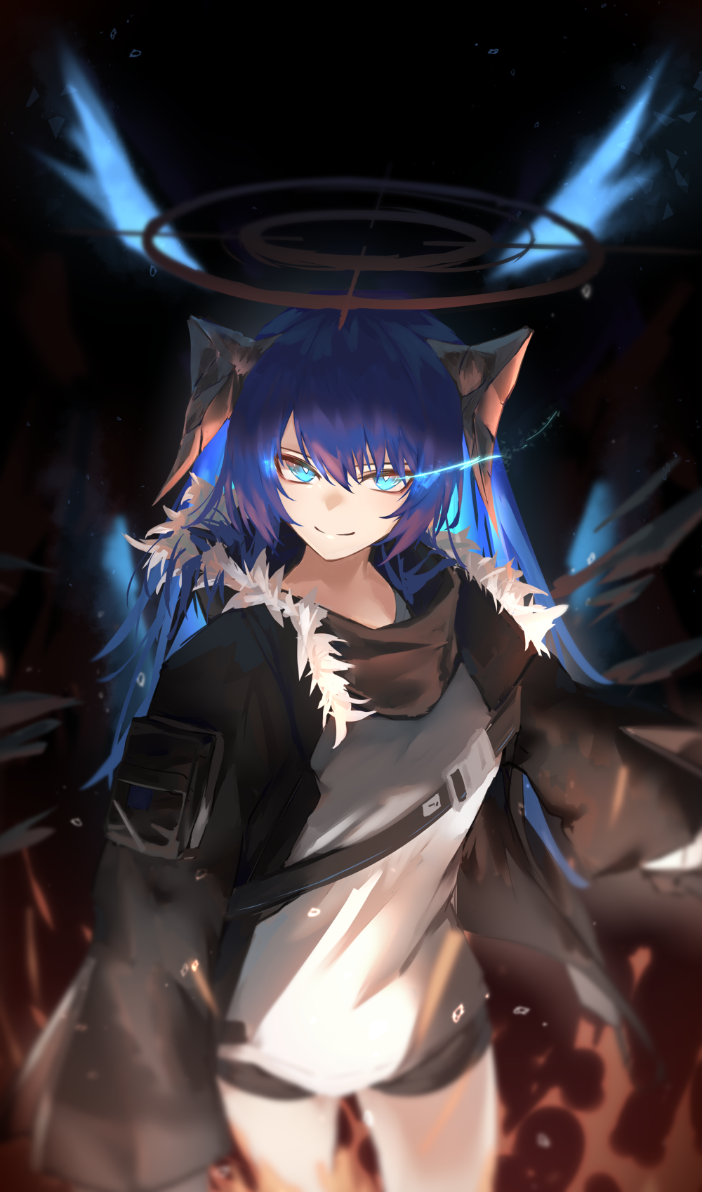 1girl arknights bare_legs black_background black_coat black_shorts blue_eyes blue_hair blue_sky breasts closed_mouth coat commentary cowboy_shot demon_girl demon_horns detached_wings fur-trimmed_coat fur_trim hair_between_eyes halo highres horns long_hair looking_at_viewer medium_breasts mostima_(arknights) open_clothes open_coat ozeu0916 shirt short_shorts shorts sky slit_pupils smile solo white_shirt wings