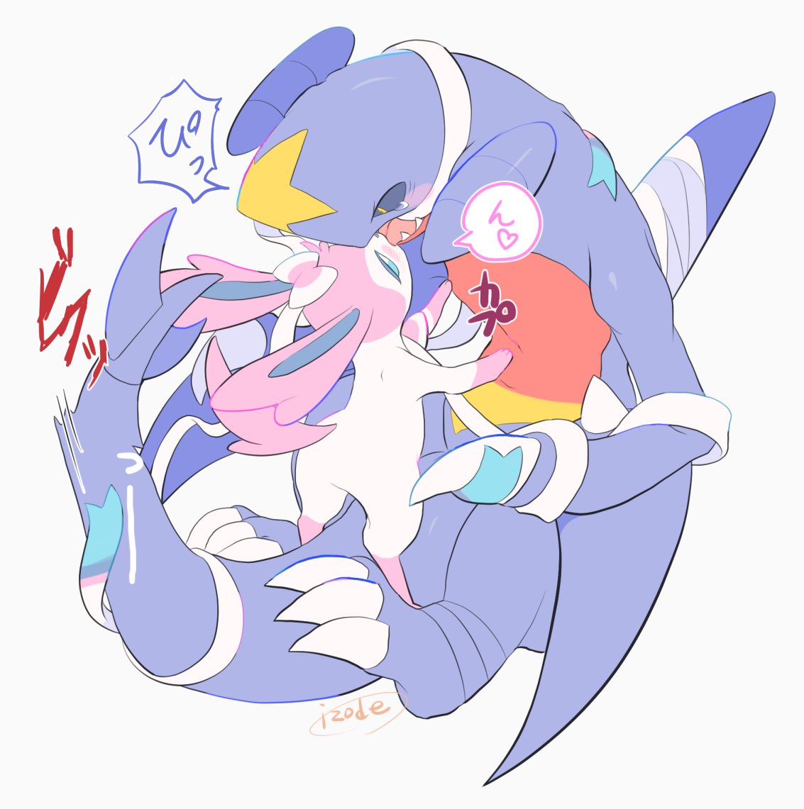 black_sclera blue_eyes claws colored_sclera commentary_request eye_contact fangs garchomp gen_4_pokemon gen_6_pokemon izobe kiss looking_at_another no_humans open_mouth pokemon pokemon_(creature) sylveon tearing_up tongue yellow_eyes