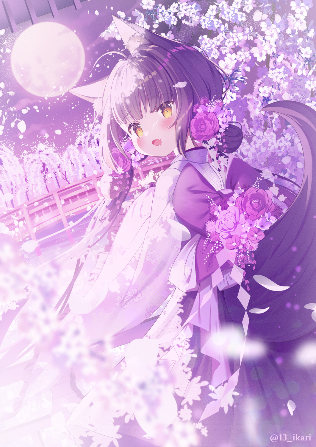 1girl :d animal_ear_fluff animal_ears blurry blurry_foreground blush bow bridge brown_eyes commentary_request depth_of_field fang flower from_behind full_moon hair_flower hair_ornament highres ikari_(aor3507) japanese_clothes kimono long_hair long_sleeves looking_at_viewer looking_back moon open_mouth original pink_flower purple_bow purple_flower purple_kimono purple_rose rose sleeves_past_wrists smile solo tail tree twitter_username very_long_hair water white_flower wide_sleeves