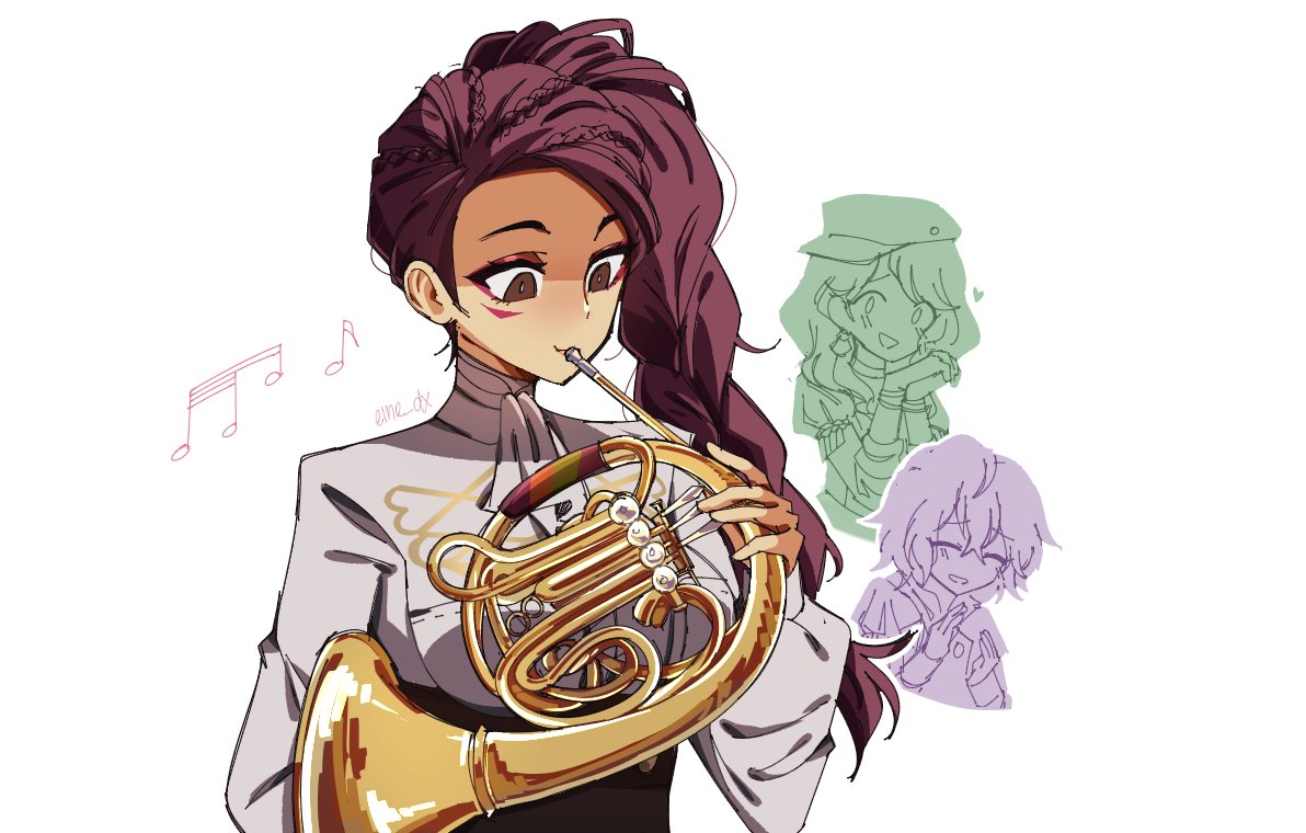 3girls :d bernadetta_von_varley blush braid brown_eyes dorothea_arnault eine_(eine_dx) facial_mark fire_emblem fire_emblem:_three_houses french_horn garreg_mach_monastery_uniform hat instrument long_hair long_sleeves multiple_girls musical_note open_mouth petra_macneary purple_hair shirt signature smile solo_focus white_shirt