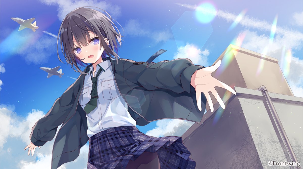 1girl :d aircraft airplane bangs black_hair black_jacket black_legwear blue_skirt blue_sky character_request clouds collared_shirt commentary_request condensation_trail day dress_shirt eyebrows_visible_through_hair green_neckwear grisaia_chronos_rebellion hair_between_eyes hoshi_(snacherubi) jacket long_sleeves looking_at_viewer multicolored_hair necktie official_art open_clothes open_jacket open_mouth outdoors outstretched_arms pantyhose plaid plaid_skirt pleated_skirt puffy_long_sleeves puffy_sleeves purple_hair shirt skirt sky sleeves_past_wrists smile solo tie_clip two-tone_hair violet_eyes white_shirt