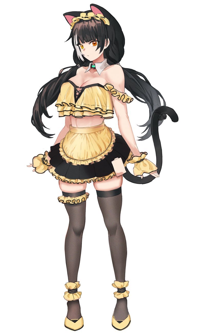 1girl alternate_costume animal_ears apron black_hair black_legwear black_skirt breasts cat_ears cat_tail dano detached_collar enmaided frilled_apron frills full_body girls_frontline heterochromia highres large_breasts low_twintails maid maid_apron maid_headdress midriff miniskirt multicolored_hair pleated_skirt red_eyes ro635_(girls_frontline) skirt solo standing streaked_hair tail thigh-highs twintails waist_apron white_hair yellow_apron yellow_eyes