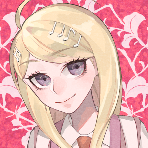 1girl ahoge akamatsu_kaede bangs blonde_hair collared_shirt dangan_ronpa_(series) dangan_ronpa_v3:_killing_harmony eyebrows_visible_through_hair floral_print hair_ornament long_hair long_sleeves looking_at_viewer musical_note_hair_ornament pink_background pink_vest sara_(kurome1127) shirt smile solo vest violet_eyes white_shirt