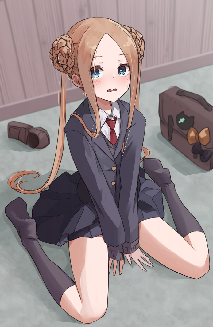 1girl abigail_williams_(fate) bag bangs black_jacket black_legwear black_skirt blonde_hair blue_eyes blush braid braided_bun breasts double_bun fate/grand_order fate_(series) forehead jacket kneehighs kopaka_(karda_nui) long_hair long_sleeves looking_at_viewer open_mouth parted_bangs school_bag school_uniform serafuku sidelocks sitting skirt small_breasts twintails very_long_hair wariza