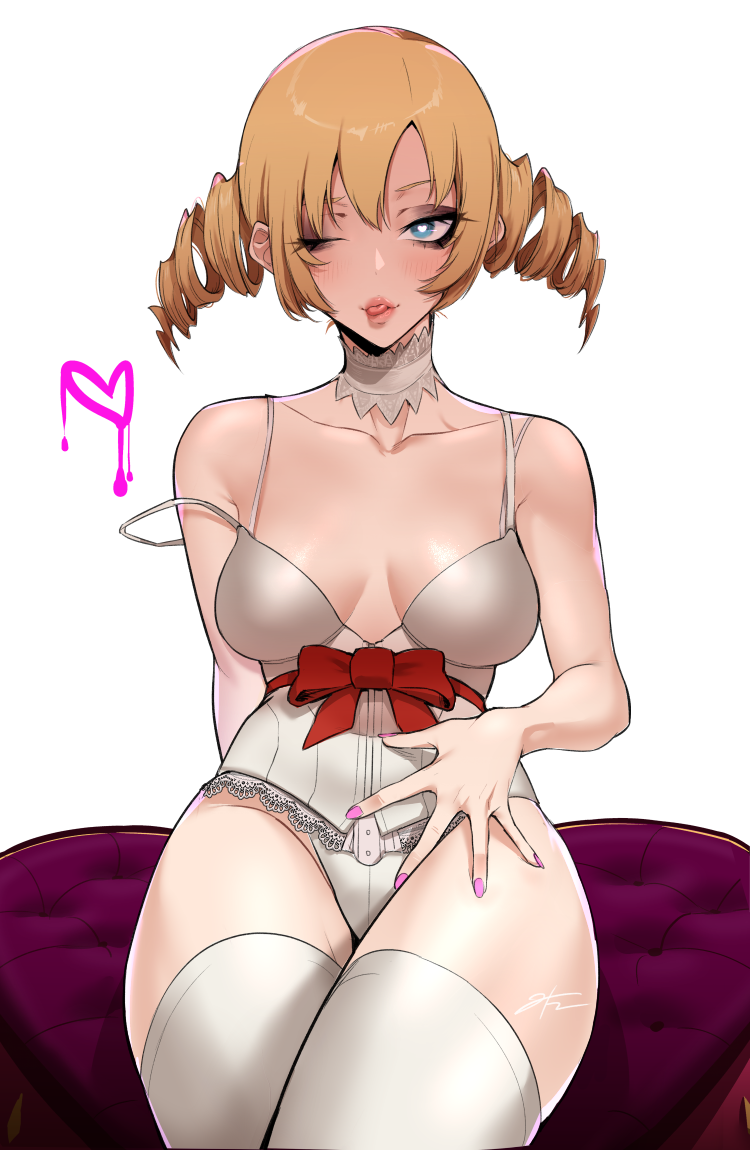 1girl blonde_hair blue_eyes breasts catherine catherine_(game) choker collarbone drill_hair heart heart-shaped_pupils j.k. lace lace_choker large_breasts leotard one_eye_closed sitting solo symbol-shaped_pupils thigh-highs twin_drills waist_bow white_legwear white_leotard