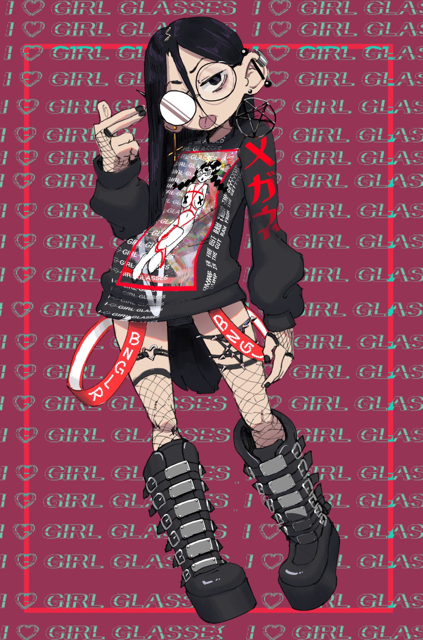 1girl black_eyes black_footwear black_hair black_nails black_shirt boots cross ear_piercing earrings fishnets full_body glasses hair_between_eyes hand_up highres inverted_cross jewelry long_hair looking_at_viewer original oshii_(suwafro) patterned_background pentagram piercing print_shirt round_eyewear shirt solo standing suwafro thigh-highs tongue tongue_out very_long_hair