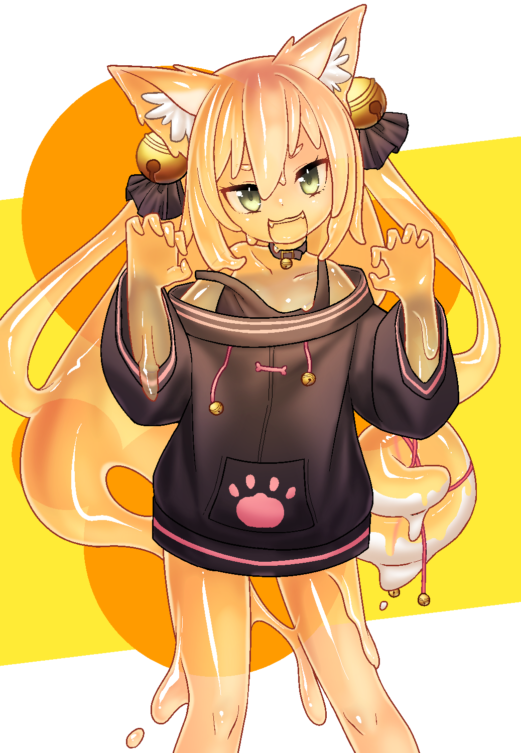 1girl :d akira_(meltyhip) animal_ear_fluff animal_ears bell belt_collar black_hoodie claw_pose collar colored_sclera colored_skin contrapposto fox_ears green_eyes hair_bell hair_between_eyes hair_ornament hands_up head_tilt highres hood hoodie jingle_bell long_hair long_sleeves looking_at_viewer monster_girl neck_bell off_shoulder open_mouth orange_hair orange_sclera orange_skin original slime_girl smile solo very_long_hair