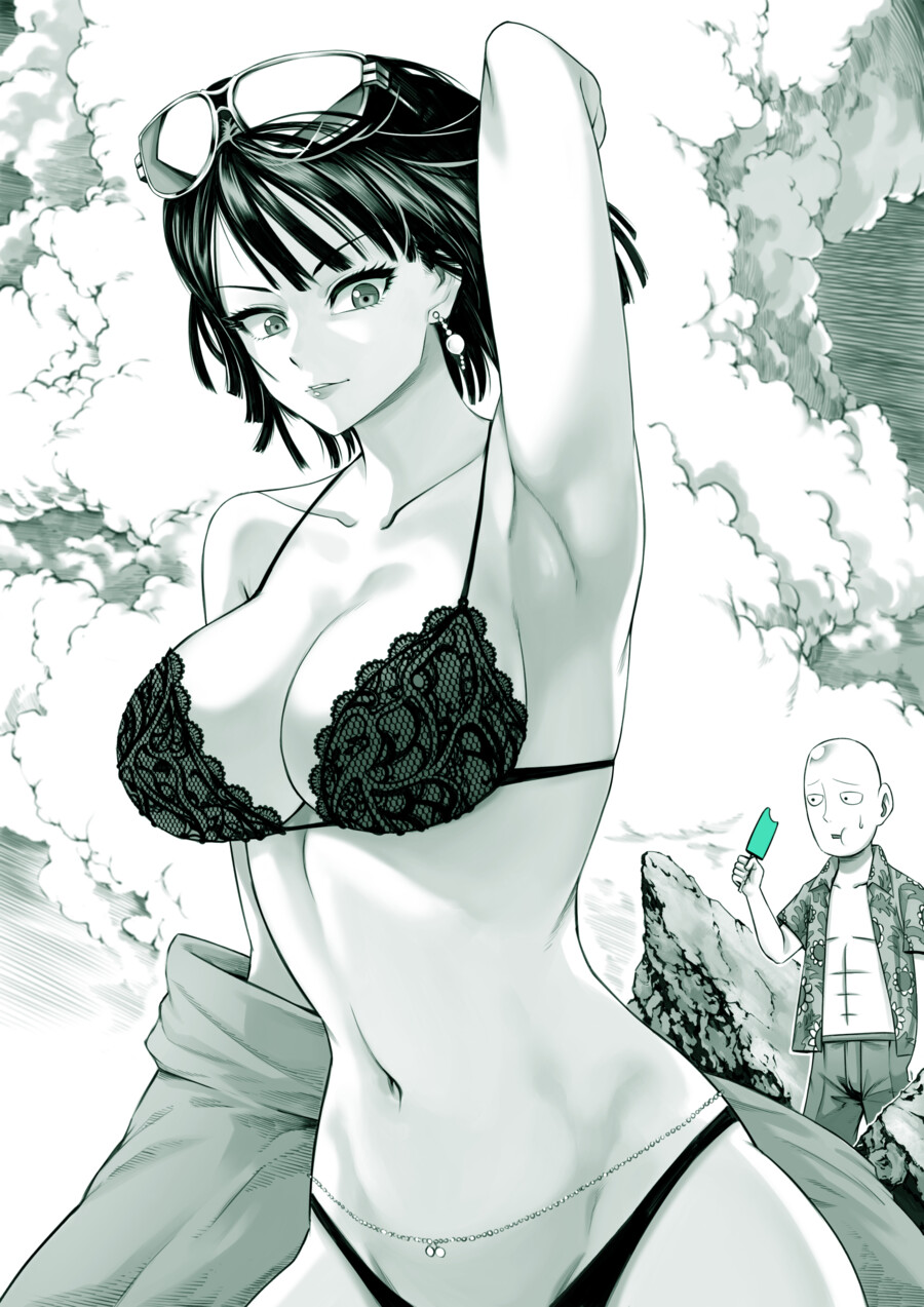 1boy 1girl abs arm_up bald bare_pectorals bikini breasts clouds cloudy_sky earrings eyewear_on_head food fubuki_(one-punch_man) greyscale highleg highleg_swimsuit highres jewelry large_breasts lips monochrome navel one-punch_man open_clothes open_shirt pagong pectorals popsicle saitama_(one-punch_man) sky sunglasses sweatdrop swimsuit