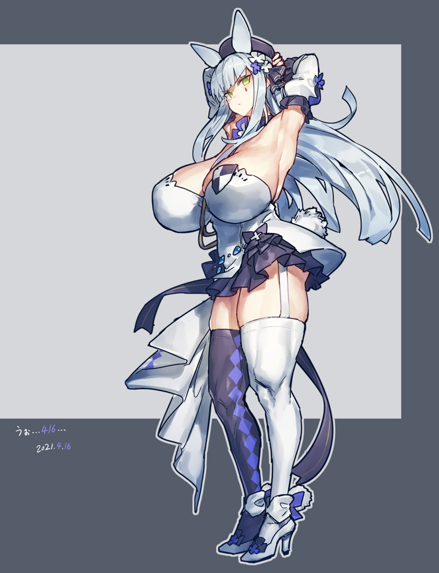 1girl alternate_breast_size animal_ears argyle argyle_legwear armpits arms_behind_head arms_up bangs black_ribbon bow breasts bunny_tail closed_mouth commentary dated dress eyebrows_visible_through_hair facial_mark flower full_body garter_straps girls_frontline green_eyes grey_hair hair_flower hair_ornament hair_ribbon hat high_heels hk416_(girls_frontline) huge_breasts long_hair looking_at_viewer melon22 mismatched_legwear official_alternate_costume purple_flower purple_headwear purple_legwear rabbit_ears ribbon short_dress sidelocks solo standing tail teardrop thigh-highs v-shaped_eyebrows white_dress white_flower white_footwear white_legwear