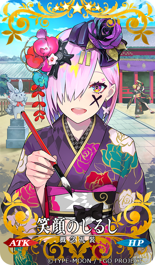 2girls :d alternate_hairstyle black_kimono blonde_hair commentary double_bun fate/grand_order fate_(series) floral_print flower fou_(fate) hair_flower hair_ornament hair_over_one_eye holding holding_paintbrush horns ibaraki_douji_(fate) japanese_clothes kimono looking_at_viewer marking_on_cheek mash_kyrielight multicolored multicolored_eyes multicolored_hair multiple_girls official_art open_mouth paintbrush print_kimono purple_flower purple_hair purple_kimono purple_rose ram_(ramlabo) rose short_hair sign_of_smiling_face smile statue violet_eyes yellow_eyes yukata