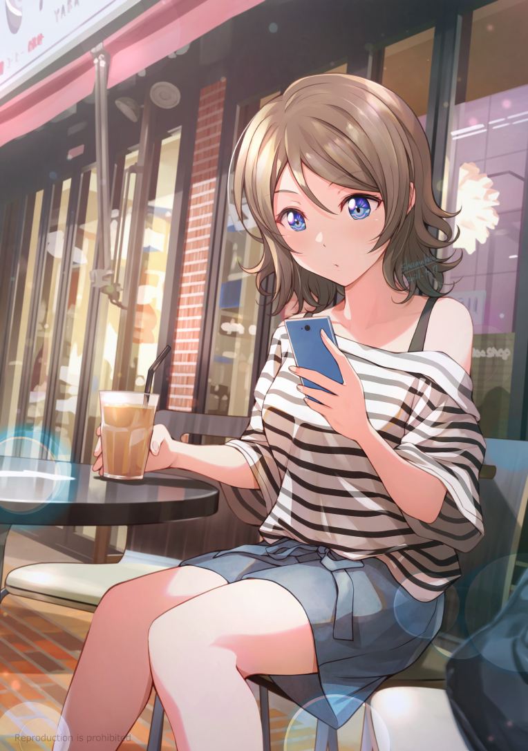 1girl bare_shoulders blue_eyes blue_skirt brown_hair cellphone coffee collarbone cup dated disposable_cup lens_flare love_live! love_live!_sunshine!! outdoors phone shamakho shirt signature sitting skirt smartphone solo striped striped_shirt watanabe_you