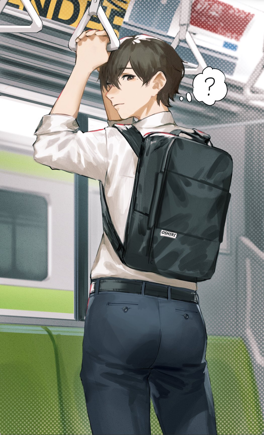 1boy ? arms_up backpack bag belt brown_eyes brown_hair closed_mouth commentary_request eyebrows_visible_through_hair from_behind ground_vehicle hand_grip highres ishida_(segu_ishida) long_pants looking_at_viewer looking_back male_focus original pants seat shirt sleeves_rolled_up solo standing thought_bubble train train_interior white_shirt