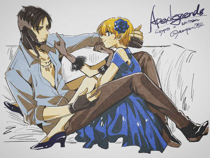 1boy 1girl apex_legends black_eyes black_gloves black_hair blonde_hair blue_dress blue_eyes blue_footwear blue_shirt brown_pants collared_shirt copyright_name couch crypto_(apex_legends) dress gloves high_heels jewelry looking_at_another mozuwaka necklace pants scar scar_on_arm scar_on_cheek scar_on_face shirt short_hair sitting smile wattson_(apex_legends)