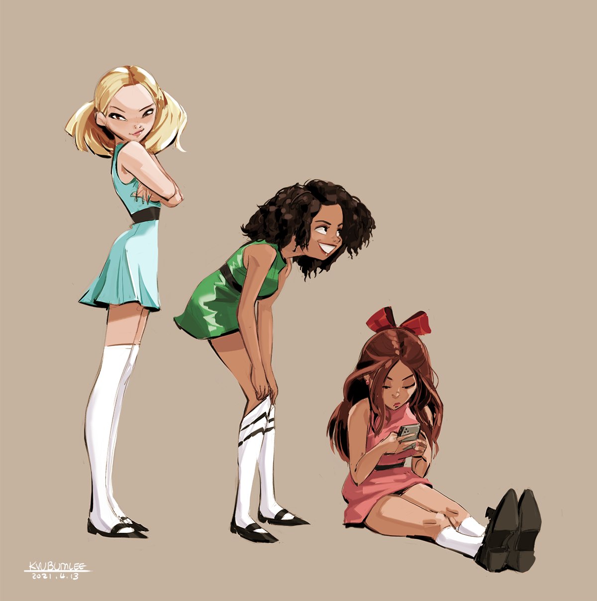 3girls alternate_skin_color beige_background belt black_belt black_footwear black_hair blonde_hair blossom_(ppg) blue_dress blue_nails bow brown_hair bubbles_(ppg) buttercup_(ppg) cellphone crossed_arms dark_skin dark-skinned_female dress forehead green_dress hair_bow hairlocs highres kneehighs kyu-bum_lee mary_janes multiple_girls phone photo-referenced pink_dress powerpuff_girls red_bow redesign shoes short_dress short_twintails sitting sleeveless sleeveless_dress smartphone socks thigh-highs twintails very_dark_skin white_legwear zettai_ryouiki