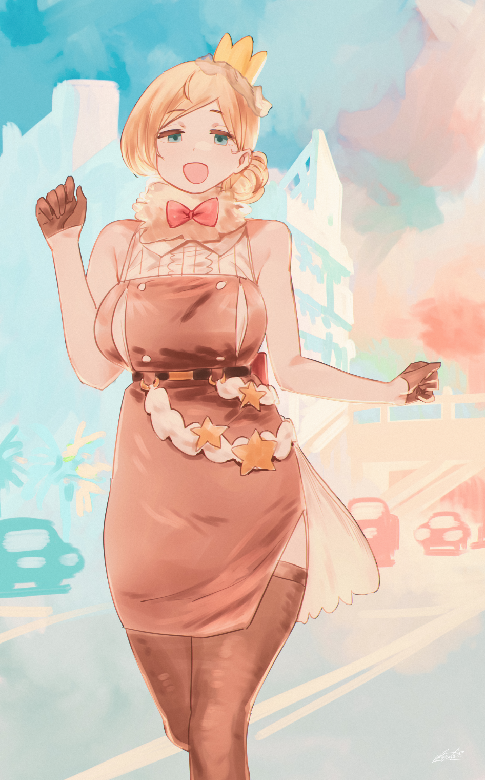 1girl :d blonde_hair bow bowtie breasts brown_gloves brown_legwear car crown dress gloves green_eyes ground_vehicle half_gloves hands_up highres large_breasts looking_at_viewer medium_hair motor_vehicle open_mouth original outdoors pencil_dress red_bow ryusei_hashida signature skin_tight smile solo standing thigh-highs