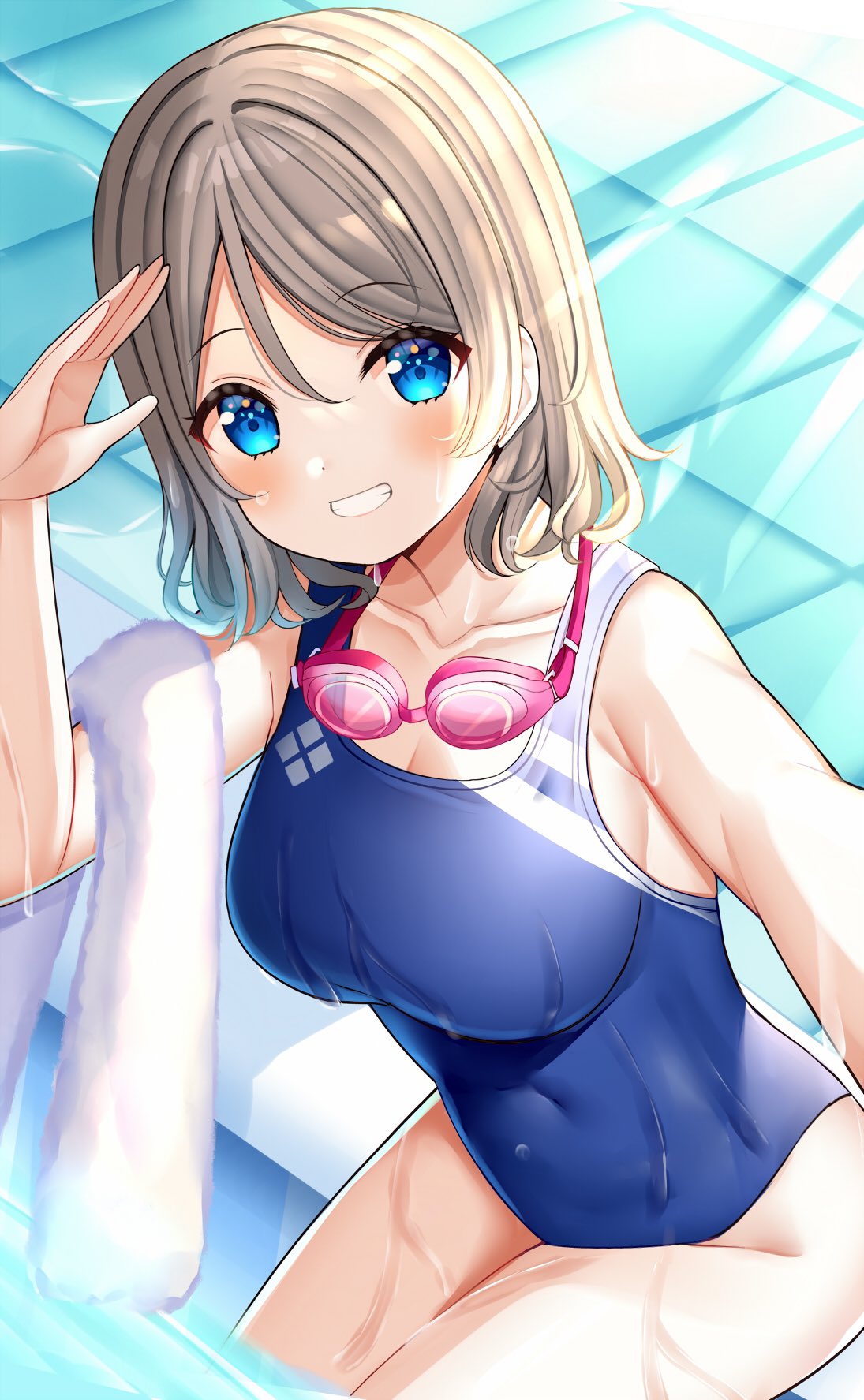 1girl blue_eyes blue_swimsuit breasts collarbone commentary_request competition_swimsuit goggles goggles_around_neck grey_hair grin highres looking_at_viewer love_live! love_live!_sunshine!! medium_breasts mizukoshi_(marumi) one-piece_swimsuit salute short_hair sitting smile solo swimsuit tile_floor tiles towel watanabe_you wet wet_clothes wet_swimsuit white_towel