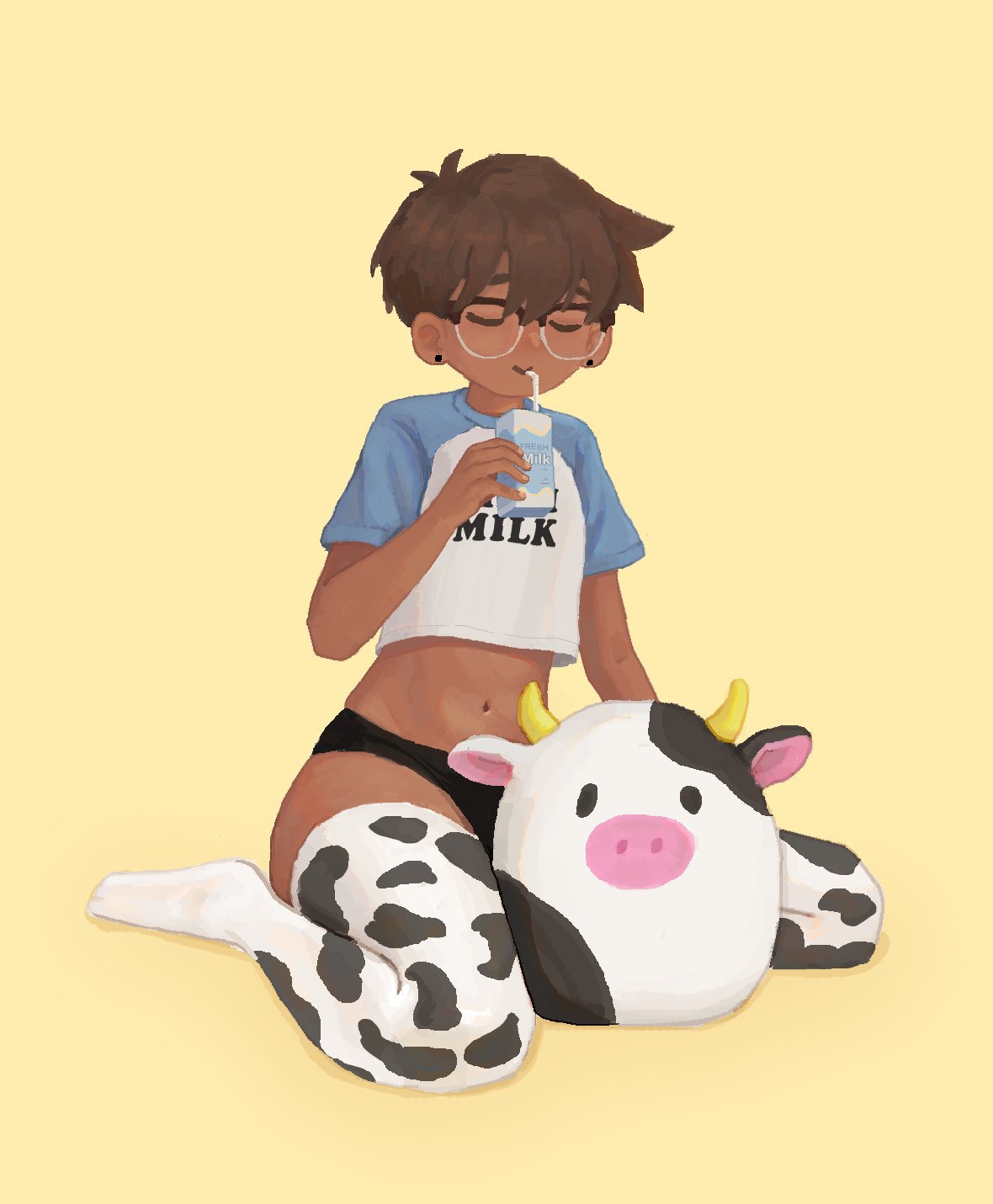 1girl animal_print black_panties brown_hair closed_eyes cow_print drinking drinking_straw earrings glasses highres jewelry mega_milk midriff milk navel original panties print_legwear print_shirt raglan_sleeves shadow shirt short_hair short_sleeves simple_background solo stvpvd thigh-highs underwear yellow_background