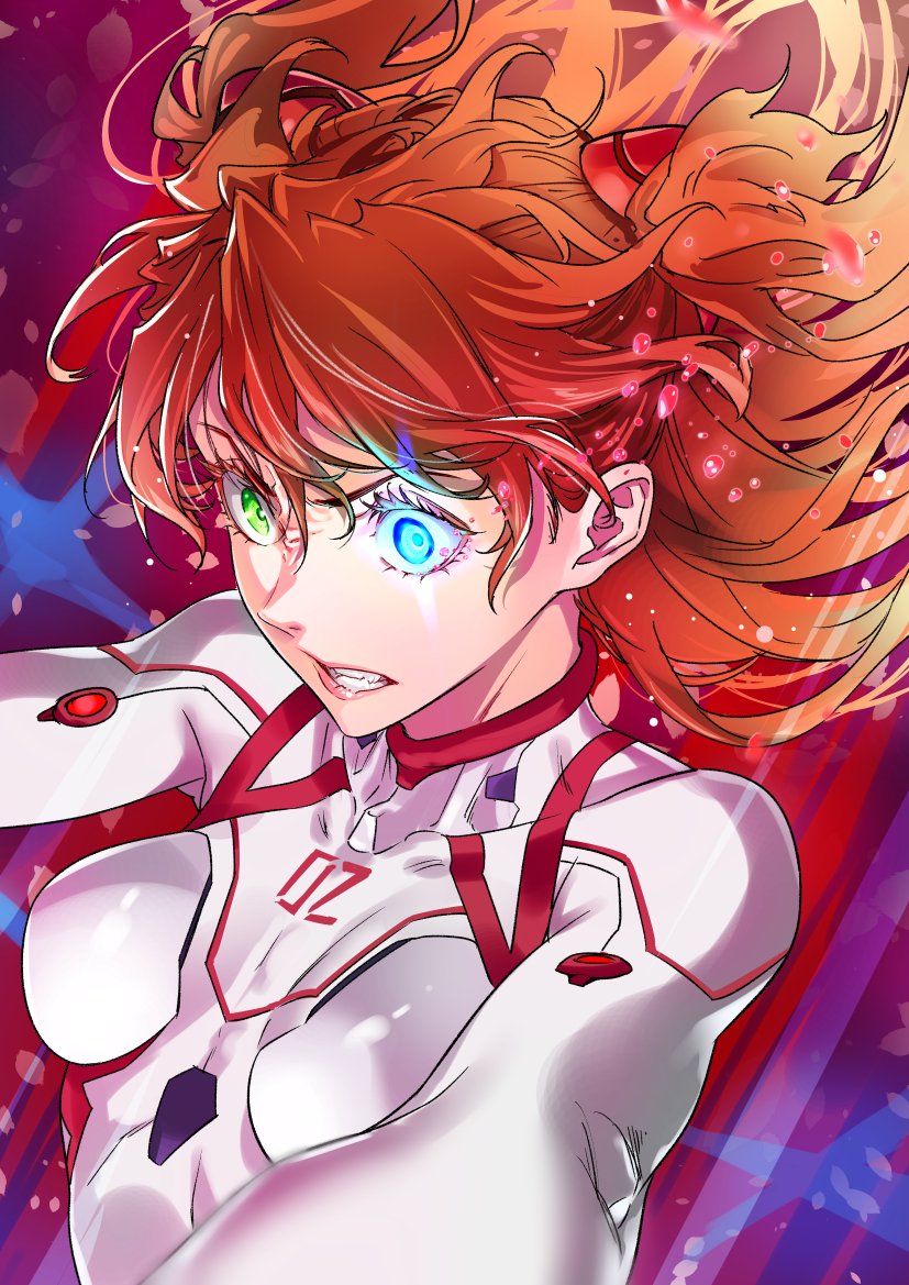 bodysuit brown_hair flaming_eye heterochromia interface_headset long_hair neon_genesis_evangelion number plugsuit rebuild_of_evangelion saeki_shun shikinami_asuka_langley skin_tight souryuu_asuka_langley twintails white_bodysuit