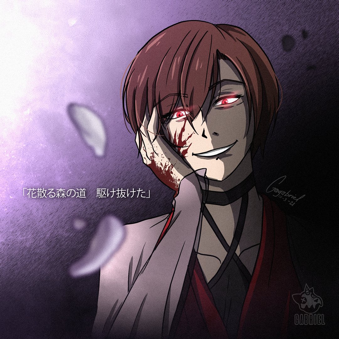 1girl artist_name blood blood_on_face blood_splatter blurry blurry_foreground brown_hair bubble cel_shading depth_of_field evil_grin evil_smile eyebrows_visible_through_hair glowing glowing_eyes grin hand_on_own_face head_tilt lyrics majo_salmhofer_no_toubou_(vocaloid) mario_gagabriel meiko meta_salmhofer pale_skin red_eyes see-through_sleeves short_hair signature smile solo vocaloid
