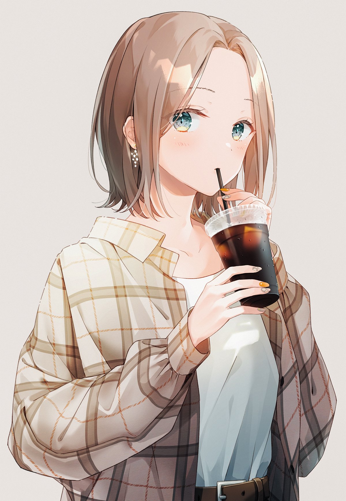 1girl aoi_yuki bangs belt blush brown_hair coffee collarbone collared_jacket cup disposable_cup drinking drinking_straw drinking_straw_in_mouth earrings eyebrows_visible_through_hair eyes_visible_through_hair green_eyes grey_background grey_nails highres holding holding_cup holding_drinking_straw jewelry long_sleeves nail_polish original parted_bangs shirt white_shirt yellow_nails