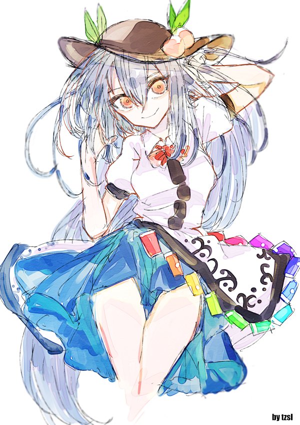 apron bangs black_headwear blue_hair blue_skirt bow bowtie crossed_bangs food fruit hand_on_head hat hinanawi_tenshi long_hair looking_at_viewer messy_hair orange_eyes peach rainbow_order red_bow red_neckwear shirt short_sleeves signature skirt smile thighs touhou tsuru_(nekopanchi) white_background wing_collar