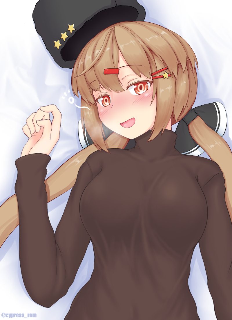 1girl bed_sheet black_bow black_headwear black_shirt blush bow breasts brown_eyes brown_hair cypress drunk eyebrows_visible_through_hair hair_between_eyes hair_bow hair_ornament hairclip hat hat_removed headwear_removed kantai_collection large_breasts long_hair long_sleeves low_twintails open_mouth papakha shirt solo tashkent_(kancolle) twintails twitter_username upper_body