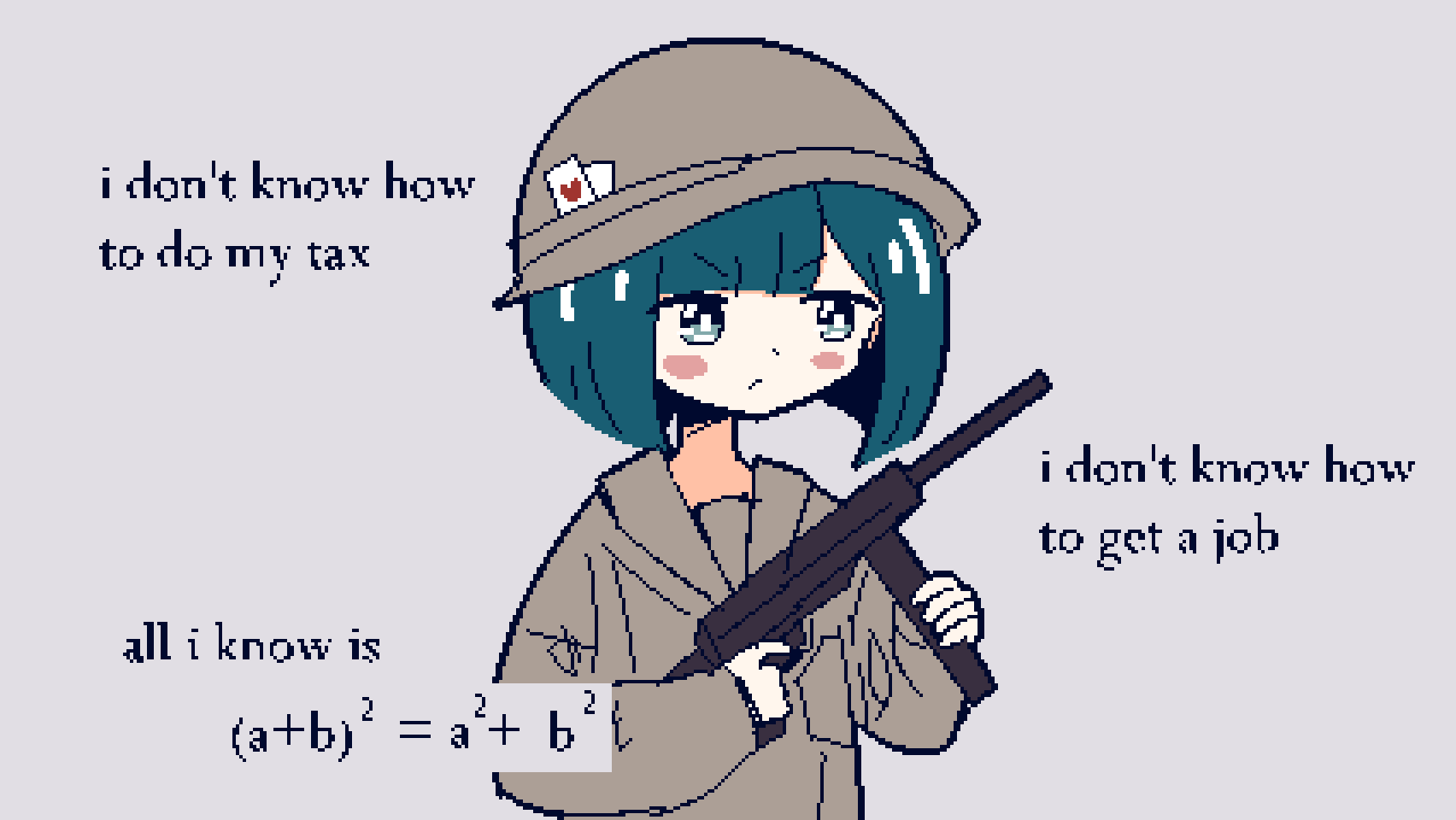 1girl :/ ace_of_hearts aqua_hair blue_eyes blush_stickers bob_cut bright_pupils card chibikki closed_mouth commentary english_commentary english_text eyebrows_visible_through_hair grey_background gun hands_up helmet highres holding holding_gun holding_weapon limited_palette long_sleeves math military original pixel_art playing_card shiny shiny_hair short_hair simple_background solo upper_body v-shaped_eyebrows weapon white_pupils