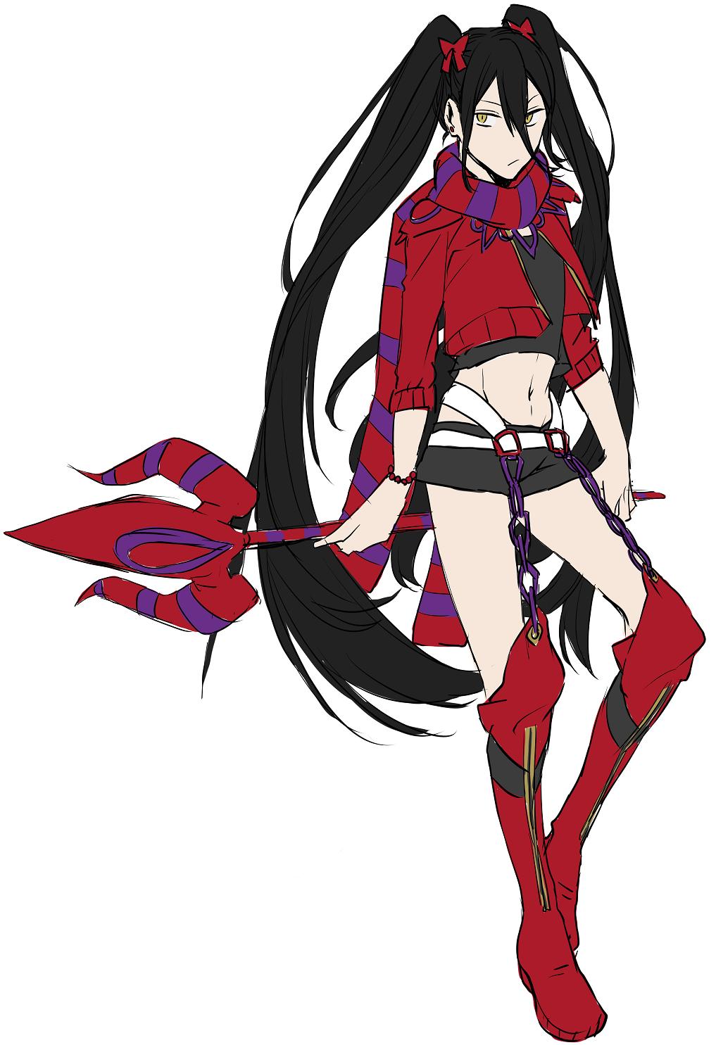 asrbpy bead_bracelet beads black_shorts boots bow bracelet chain earrings flat_color full_body gen_5_pokemon hair_between_eyes highres jewelry long_hair looking_at_viewer navel personification pokemon red_bow red_footwear red_scarf scarf scolipede short_shorts shorts simple_background sketch striped striped_scarf stud_earrings thigh-highs thigh_boots twintails very_long_hair white_background yellow_eyes
