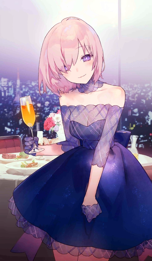 1girl back_bow bare_shoulders bow bright_pupils chaldea_dinnertime champagne_flute cityscape closed_mouth cocktail_dress collarbone commentary cowboy_shot craft_essence cup detached_collar dress drinking_glass fate/grand_order fate_(series) food formal gloves hair_over_one_eye half_gloves head_tilt holding holding_cup indoors looking_at_viewer mash_kyrielight noco_(adamas) official_art plate purple_bow purple_dress purple_gloves purple_hair purple_theme short_hair solo standing table violet_eyes