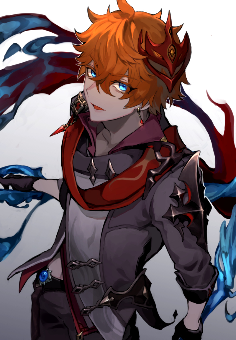 1boy bangs black_gloves blue_eyes dual_wielding eyebrows_visible_through_hair from_above genshin_impact gloves gradient gradient_background hair_between_eyes holding holding_weapon jacket jewelry male_focus mask mask_on_head namae_(areees) open_mouth orange_hair pants red_scarf scarf simple_background single_earring solo tartaglia_(genshin_impact) vision_(genshin_impact) weapon