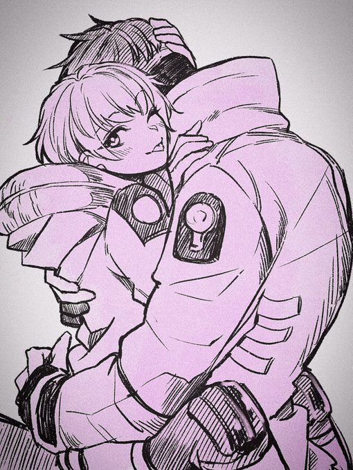 1boy 1girl apex_legends bangs crypto_(apex_legends) eyebrows_visible_through_hair from_side grey_background hand_on_another's_head hetero hug leaning_forward looking_at_viewer monochrome mozuwaka short_hair tongue tongue_out wattson_(apex_legends)