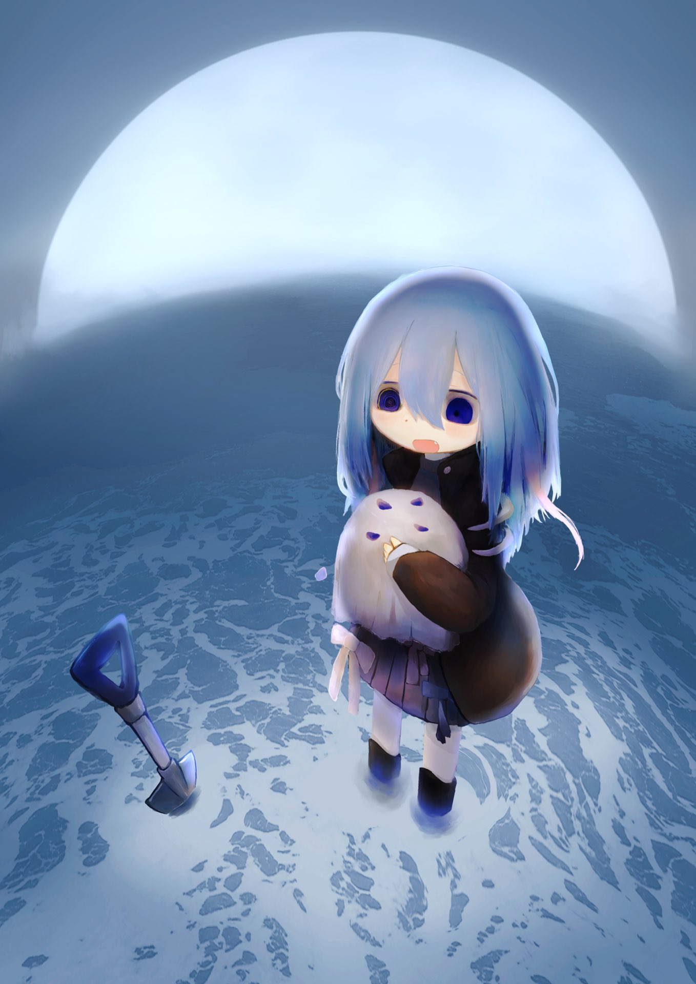 1girl blue_eyes blue_hair fang hair_between_eyes highres holding long_hair long_sleeves nettai open_mouth original shovel sleeves_past_wrists solo standing wide_shot