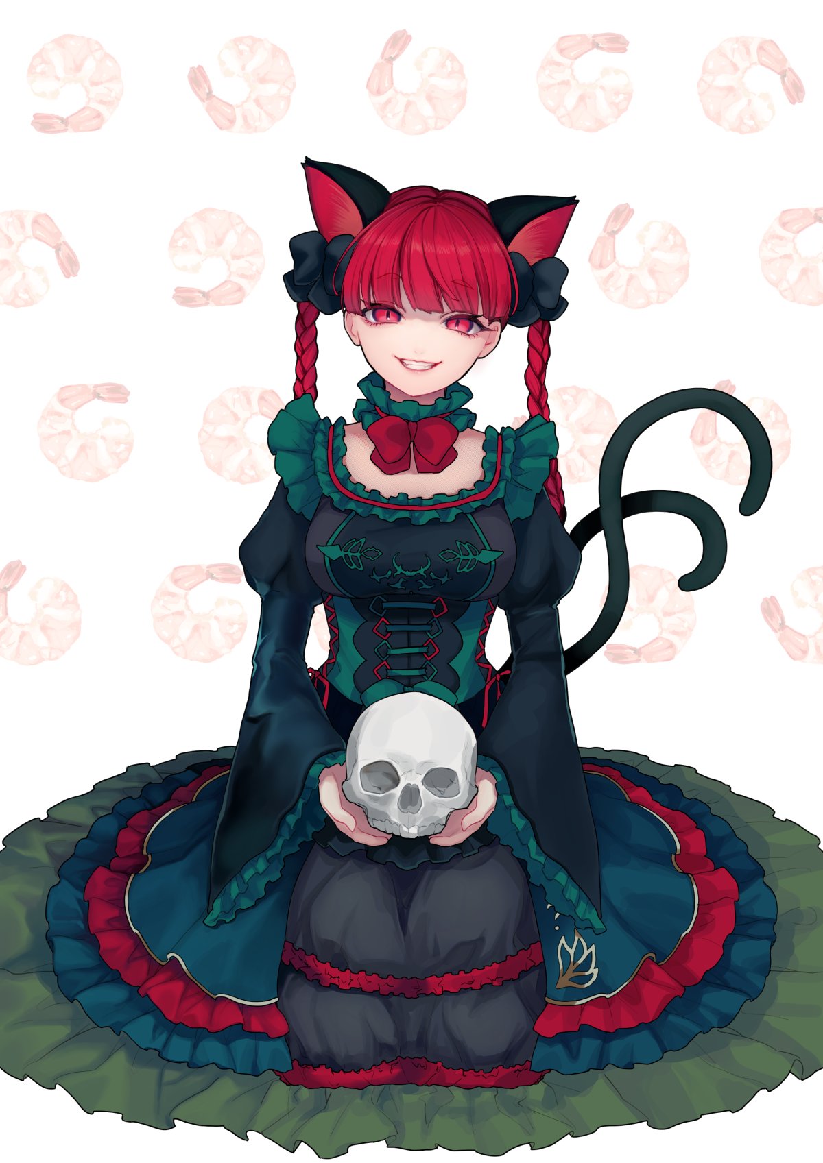 1girl animal_ear_fluff animal_ears bangs black_bow blunt_bangs bow bowtie braid breasts cat_ears cat_tail commentary_request corset detached_collar dress embellished_costume extra_ears eyebrows_visible_through_hair frills garan_co gold_trim green_dress grin hair_bow highres holding holding_skull juliet_sleeves kaenbyou_rin layered_dress long_hair long_sleeves looking_at_viewer medium_breasts multiple_tails nekomata puffy_sleeves red_bow red_eyes red_neckwear redhead simple_background skull slit_pupils smile solo tail touhou twin_braids twintails two_tails white_background wide_sleeves