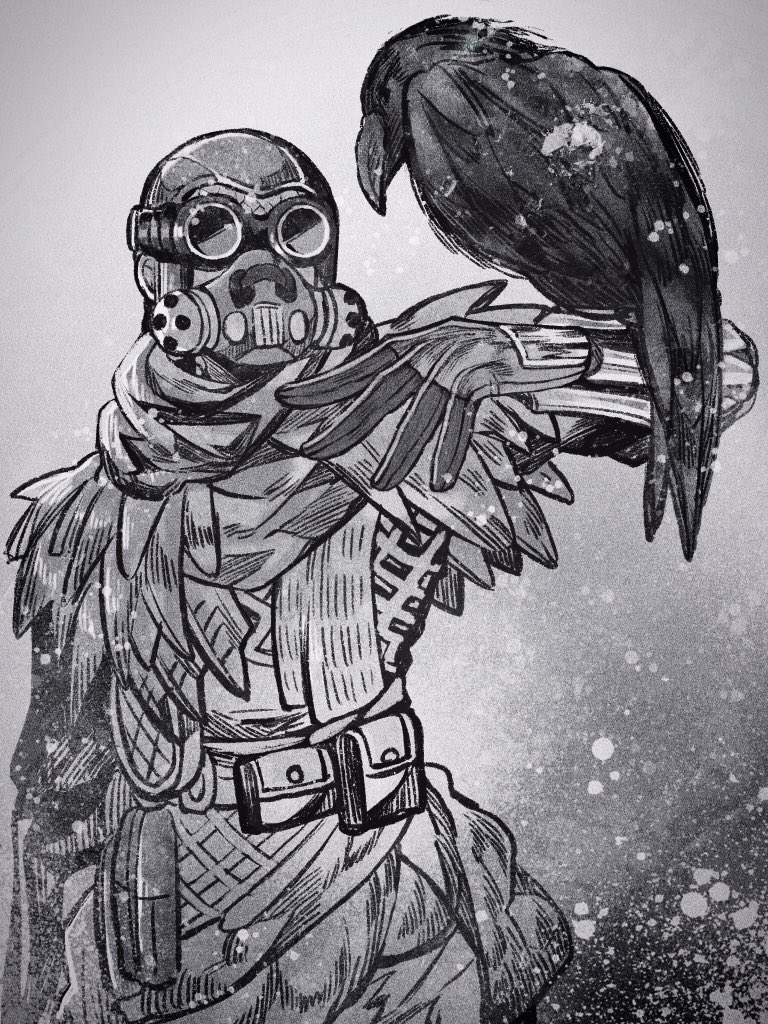 1other ambiguous_gender animal_on_arm apex_legends belt bird bird_on_arm bloodhound_(apex_legends) crow feathers gas_mask gloves goggles greyscale looking_up mask monochrome mouth_mask mozuwaka open_hand pouch solo younger