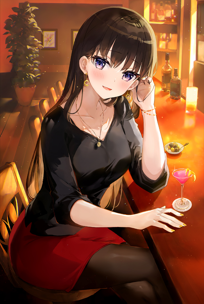 1girl bangs black_legwear black_shirt bracelet brown_hair chair cocktail_glass collarbone crescent crescent_earrings crossed_legs cup drinking_glass earrings eyebrows_visible_through_hair fuumi_(radial_engine) glass_bottle hair_behind_ear hand_on_table indoors jewelry long_hair looking_at_viewer nail_polish necklace olive open_mouth original pantyhose pencil_skirt plant potted_plant red_skirt shirt sitting skirt sleeves_rolled_up solo table violet_eyes wooden_floor yellow_nails