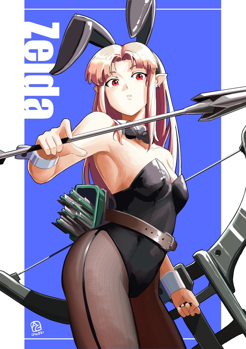 animal_ears arrow automatic_giraffe black_leotard blonde_hair blue_eyes bow bow_(weapon) bowtie breasts bunny_girl bunny_tail detached_collar fake_animal_ears fake_tail fishnet_legwear fishnets leotard long_hair looking_at_viewer monster_hunter_(series) monster_hunter_rise princess_zelda rabbit_ears red_eyes tail the_legend_of_zelda the_legend_of_zelda:_a_link_between_worlds weapon