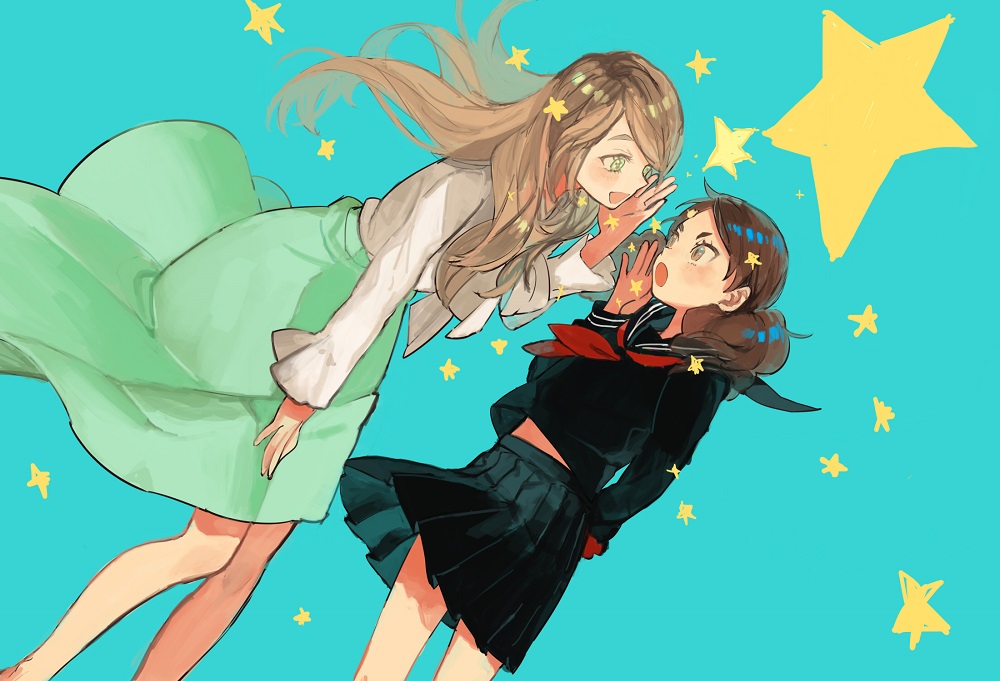 2girls age_difference black_shirt black_skirt blonde_hair brown_eyes brown_hair buun_ko eye_contact green_eyes haiba_arisa haikyuu!! happy height_difference long_skirt long_sleeves looking_at_another multiple_girls school_uniform shirt skirt star_(symbol) twintails white_shirt yamamoto_akane