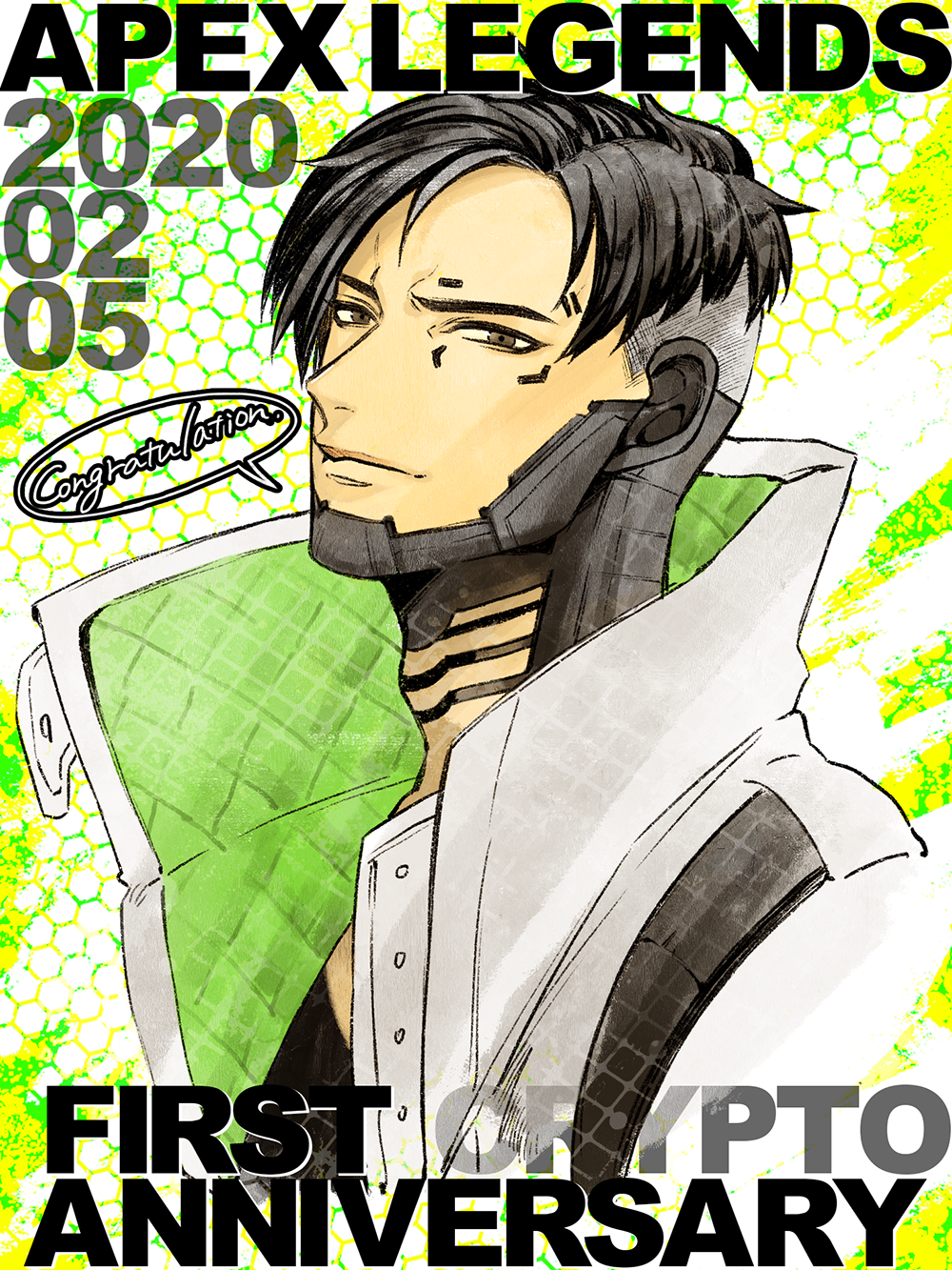 1boy anniversary apex_legends black_hair brown_eyes character_name crypto_(apex_legends) from_side head_tilt highres jacket light_smile looking_at_viewer male_focus mozuwaka parted_hair solo speech_bubble undercut upper_body white_jacket