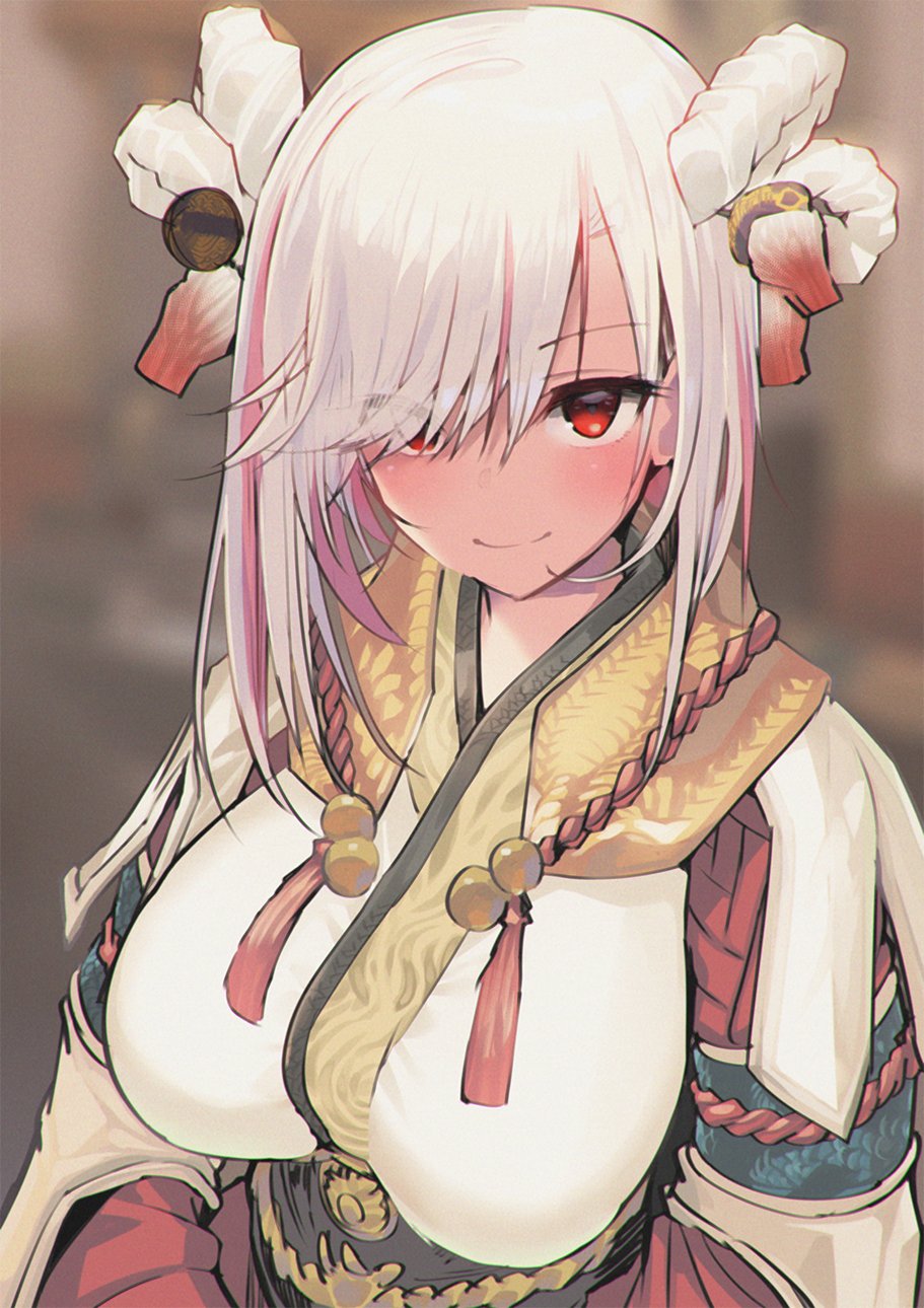 1girl breasts closed_mouth eyes_visible_through_hair hair_ornament hair_over_one_eye highres indie_virtual_youtuber japanese_clothes large_breasts looking_at_viewer multicolored_hair pink_hair red_eyes satou_daiji smile solo tsuzura_amo two-tone_hair upper_body virtual_youtuber white_hair