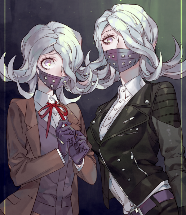 2girls black_gloves blazer commentary_request constricted_pupils covered_mouth dangan_ronpa_(series) dangan_ronpa_3_(anime) dual_persona flipped_hair gloves hair_over_one_eye hope's_peak_academy_school_uniform jacket kimura_seiko long_hair looking_at_viewer mask mouth_mask multiple_girls sara_(kurome1127) school_uniform surgical_mask time_paradox younger