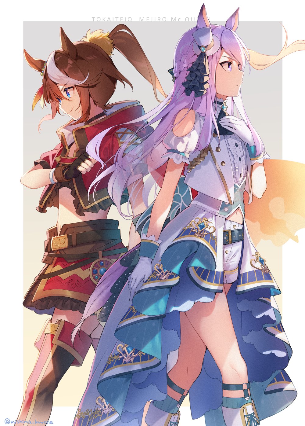 2girls ascot bangs black_neckwear blue_eyes boots braid brown_hair character_name commentary_request cropped_jacket gloves hand_on_own_chest hat highres jacket knee_boots light_purple_hair long_hair looking_afar mejiro_mcqueen_(umamusume) midriff mini_hat mini_top_hat mishima_kurone multicolored_hair multiple_girls navel ponytail red_jacket red_skirt serious shirt short_shorts short_sleeves shorts showgirl_skirt skirt smile streaked_hair swept_bangs thigh-highs tokai_teio_(umamusume) top_hat twitter_username two-tone_background two-tone_legwear umamusume vest violet_eyes white_footwear white_gloves white_hair white_headwear white_shirt white_shorts white_vest