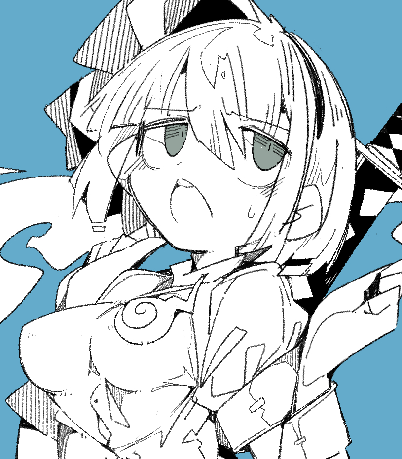 1girl black_hairband black_ribbon blue_background breasts green_eyes hair_ribbon hairband hand_up hitodama_print katana konpaku_youmu ma_sakasama medium_breasts open_mouth ribbon shirt short_hair simple_background solo spot_color sword sword_behind_back touhou upper_body upper_teeth weapon