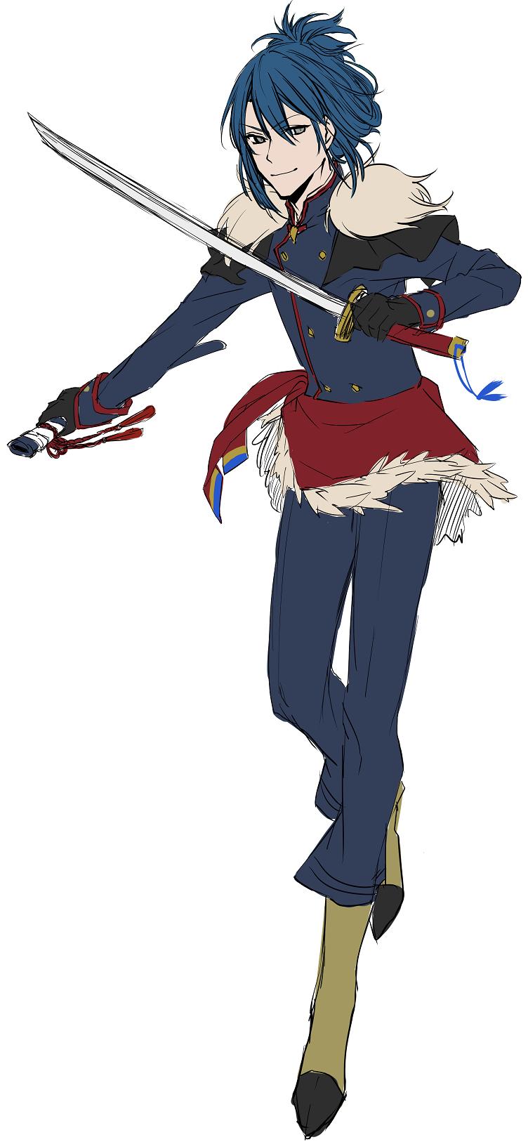 1boy asrbpy black_gloves blue_hair blue_jacket blue_pants braviary brown_footwear flat_color full_body gen_5_pokemon gloves grey_eyes hair_between_eyes highres holding holding_sword holding_weapon jacket male_focus pants personification pokemon sheath short_hair sketch smile solo sword weapon