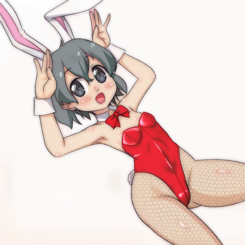 animal_ears black_eyes bow bowtie breasts bunny_pose bunny_tail commentary_request cowboy_shot detached_collar fake_animal_ears fishnet_legwear fishnets grey_hair kaban_(kemono_friends) kemono_friends leotard looking_at_viewer pantyhose playboy_bunny rabbit_ears red_leotard simple_background small_breasts smile strapless strapless_leotard t_jiroo_(ringofriend) tail white_background wrist_cuffs