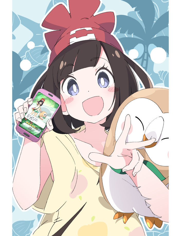1girl :d beanie black_hair blue_eyes blush_stickers cellphone commentary_request eyebrows_visible_through_hair gen_7_pokemon hat holding holding_phone ixy looking_at_viewer open_mouth phone pokemon pokemon_(creature) pokemon_(game) pokemon_sm red_headwear rowlet selene_(pokemon) shirt short_hair short_sleeves smile v yellow_shirt