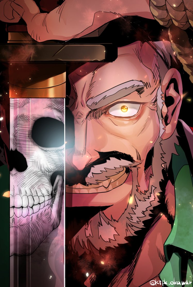 1boy artist_name beard facial_hair hand_up hogen_(tokyo_houkago_summoners) karipaku looking_at_viewer male_focus mustache old old_man portrait reflection rope skull smile sword teeth thick_eyebrows tokyo_houkago_summoners weapon yellow_eyes