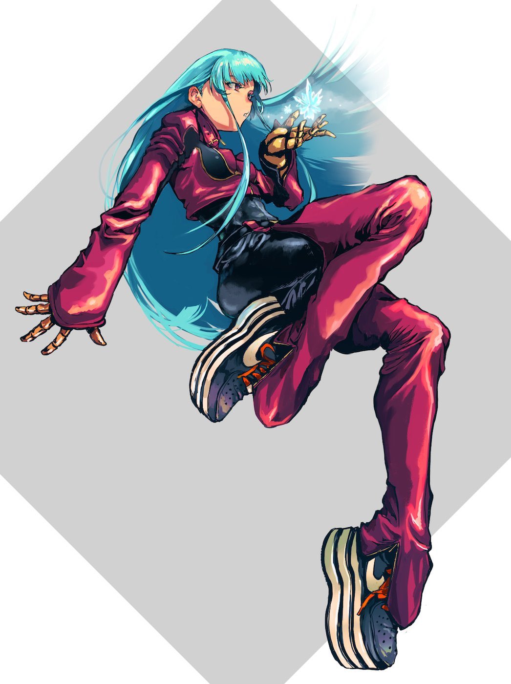 1girl aqua_hair blue_hair blush breasts brown_eyes chaps cropped_jacket eyebrows_visible_through_hair gauss_&lt;bokashi highres jacket kula_diamond long_hair medium_breasts shoes simple_background sneakers snk solo the_king_of_fighters the_king_of_fighters_2000 thigh-highs zipper