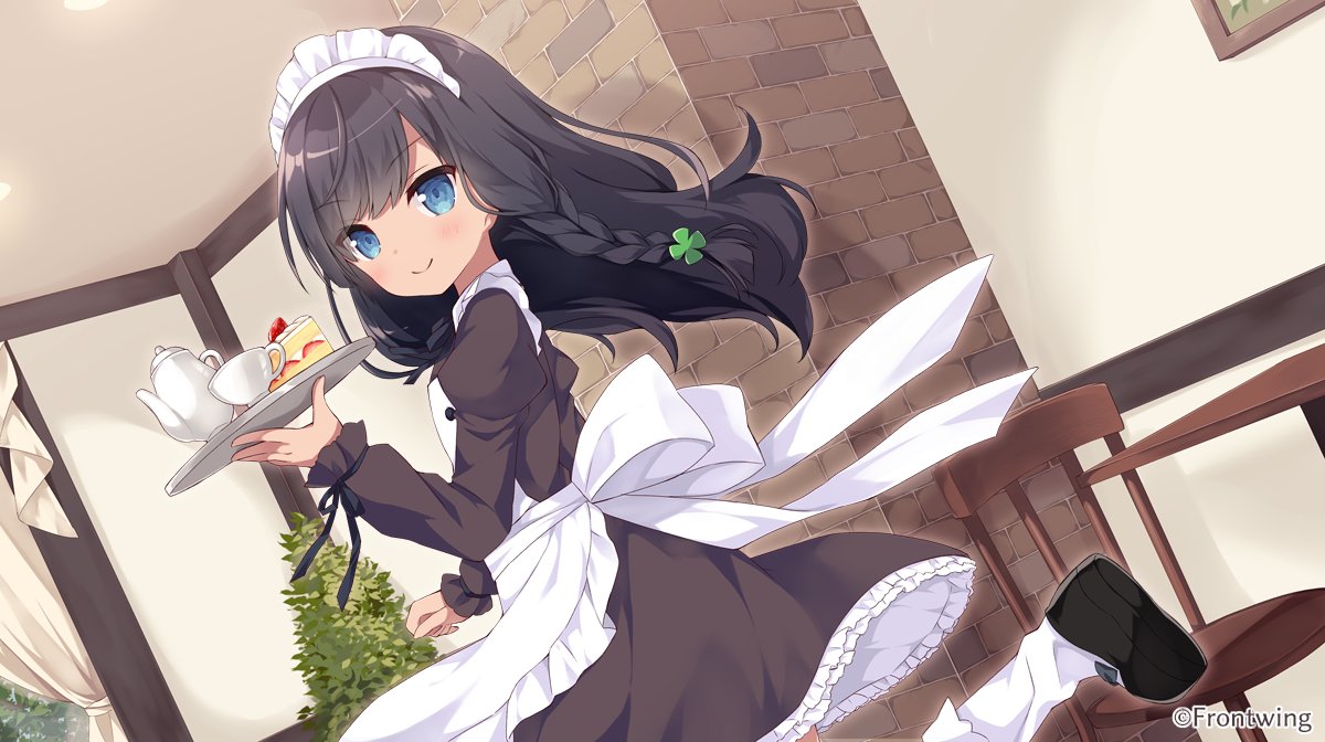 1girl black_dress black_footwear black_hair blue_eyes blush braid brick_wall cake cake_slice chair character_request closed_mouth clover_hair_ornament commentary_request cup dress food four-leaf_clover_hair_ornament frilled_dress frills from_side fruit grisaia_chronos_rebellion hair_ornament hand_up holding holding_tray hoshi_(snacherubi) indoors juliet_sleeves long_hair long_sleeves looking_at_viewer looking_to_the_side maid maid_headdress official_art puffy_sleeves shoe_soles shoes sleeves_past_wrists smile socks solo standing standing_on_one_leg strawberry table teacup teapot tray very_long_hair white_legwear