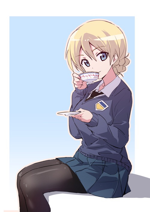 1girl bangs bitto_(arnagle) black_legwear black_neckwear black_tea blonde_hair blue_eyes blue_skirt blue_sweater braid closed_mouth commentary cup darjeeling_(girls_und_panzer) dress_shirt emblem girls_und_panzer holding holding_cup holding_saucer long_sleeves looking_at_viewer miniskirt necktie pantyhose pleated_skirt saucer school_uniform shirt short_hair sitting skirt smile solo st._gloriana's_school_uniform sweater tea teacup tied_hair twin_braids v-neck white_shirt wing_collar